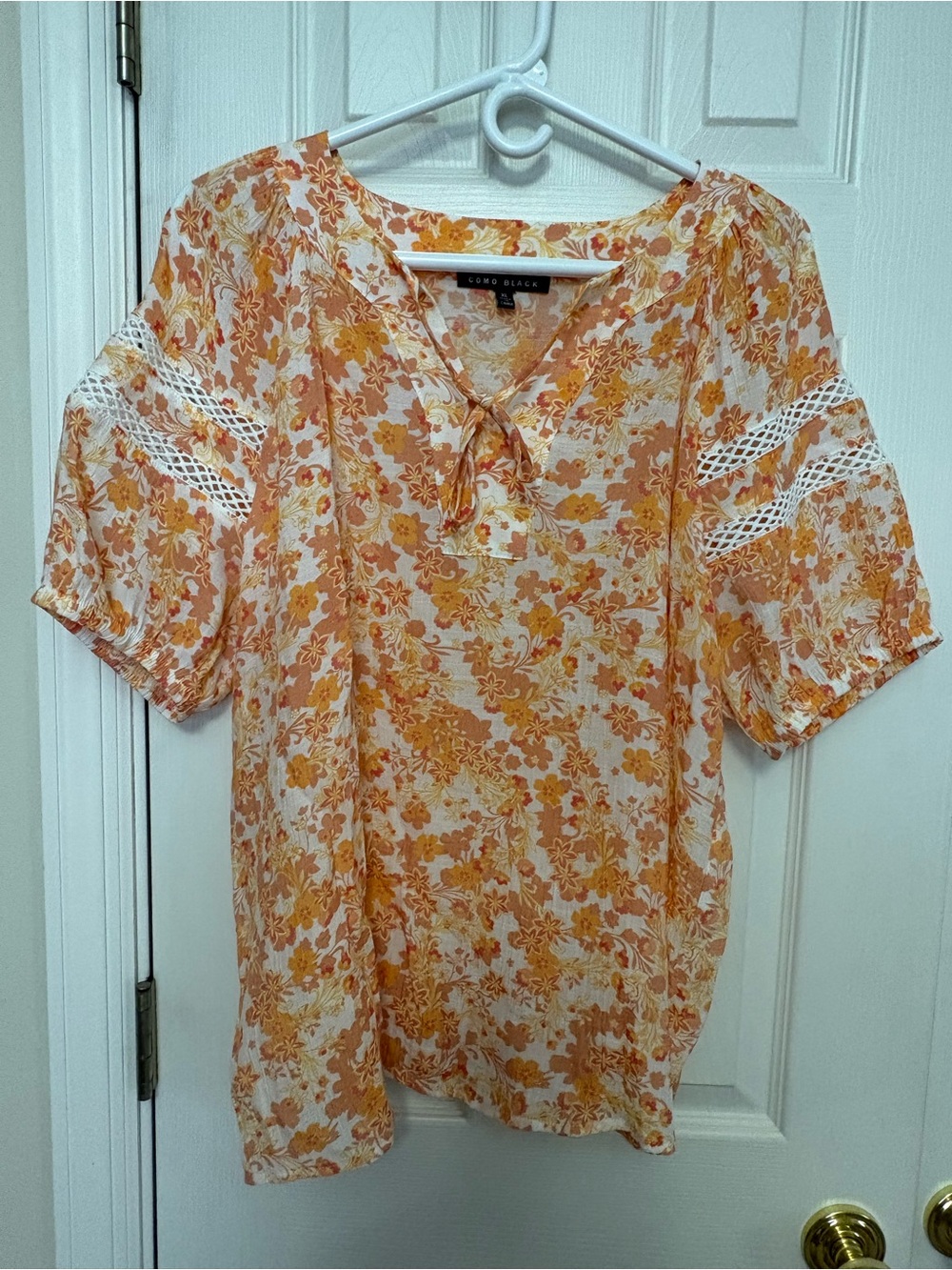 Women's Orange and white  Floral Tie-Neck Blouse with lace trim
